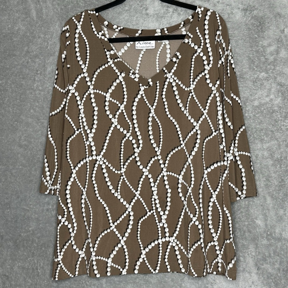 Linea Louis Dell'0lia 1X Shirt Top Brown Abstract 3/4 Sleeve V Neck Stretch
